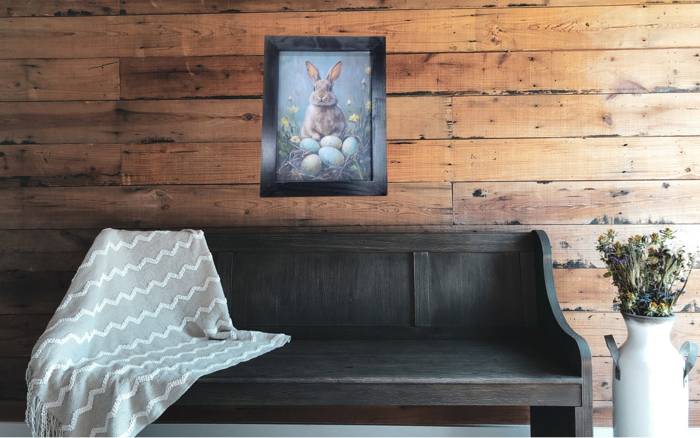 Easter Bunny Wall Art – Framed Rabbit with Blue Eggs, Spring Farmhouse Decor Print