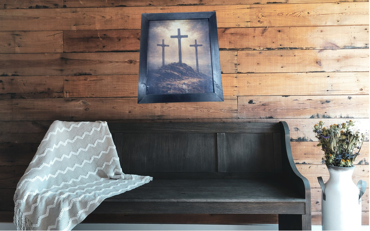 Three Crosses Wall Art – Framed Christian Decor, Golgotha Crosses Print, Religious Home Wall Decor