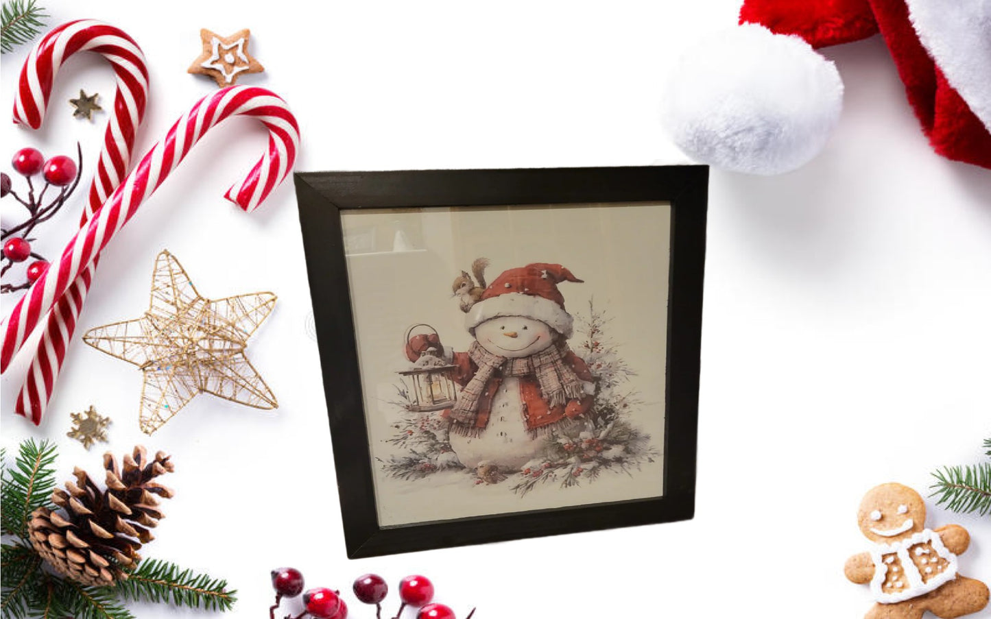 Rustic Snowman Christmas Wall Art – Winter Framed Print with Lantern & Cardinal – Farmhouse Holiday Decor