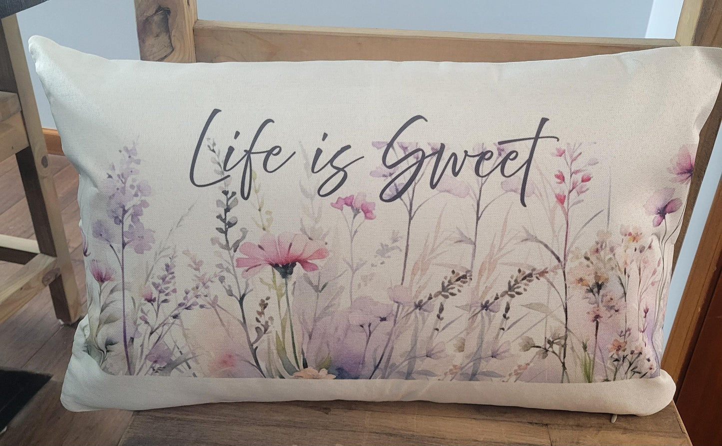 Life Is Sweet Floral Lumbar Pillow – Farmhouse Inspirational Throw Pillow Decor