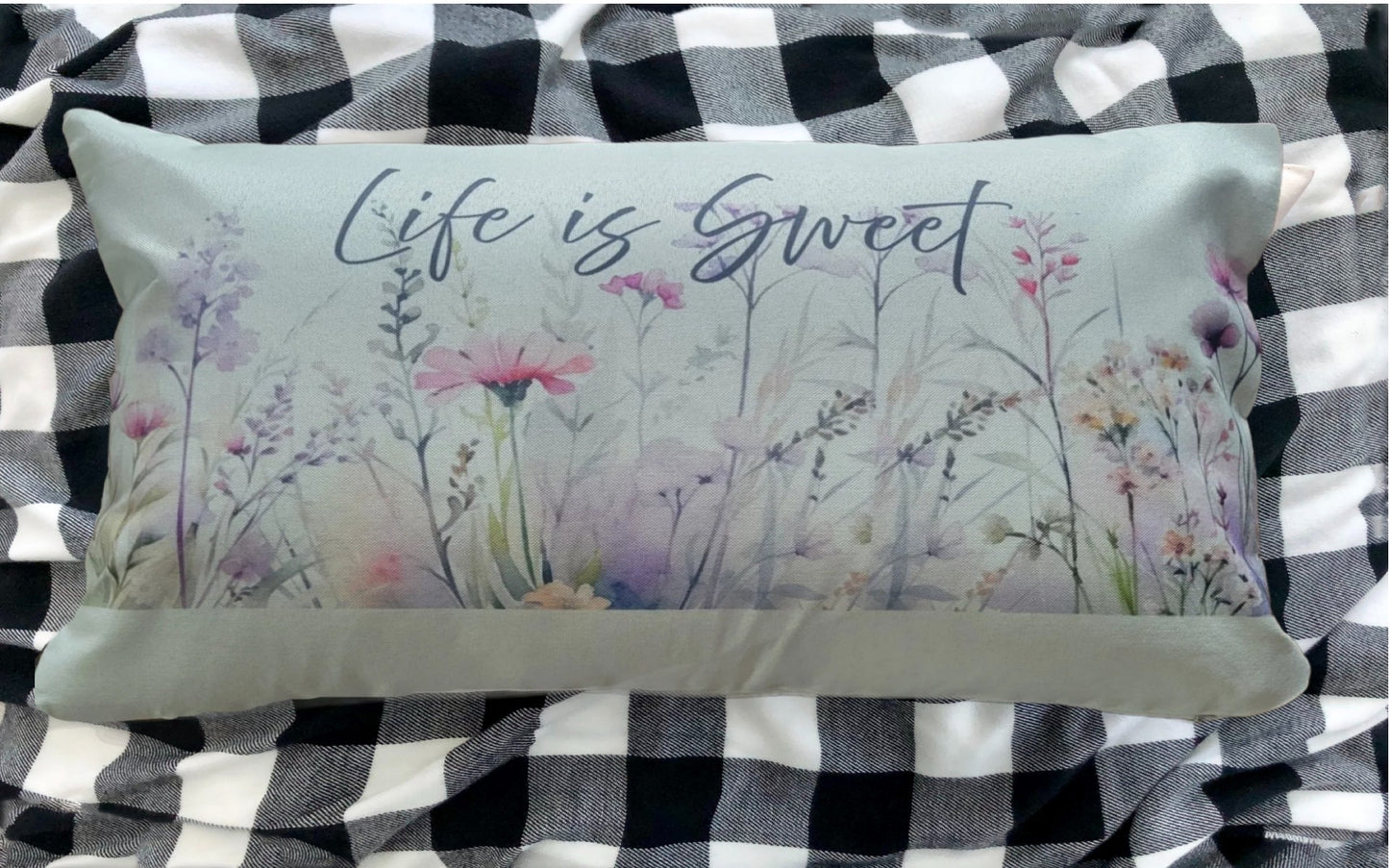 Life Is Sweet Floral Lumbar Pillow – Farmhouse Inspirational Throw Pillow Decor