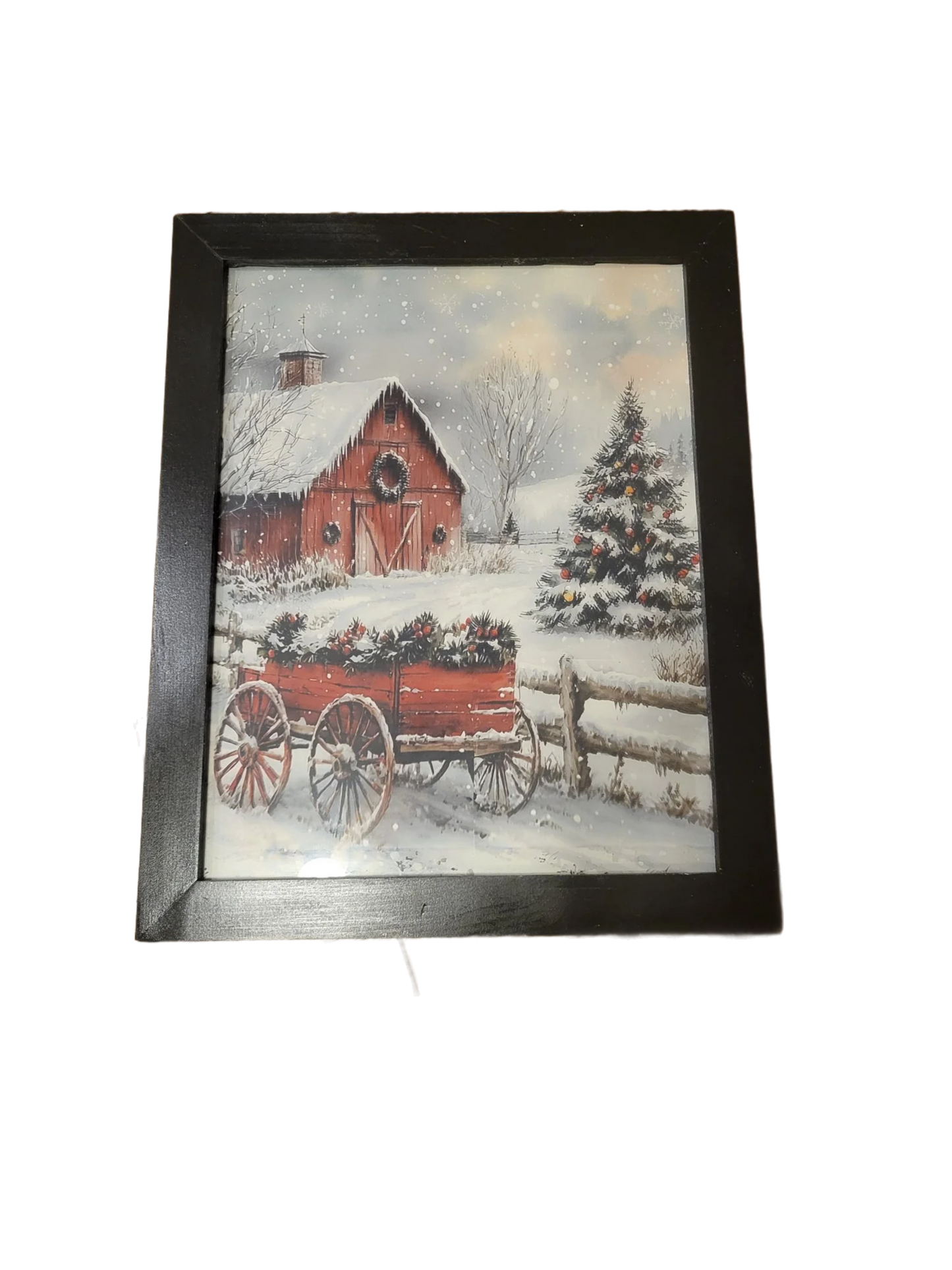 Rustic Winter Farmhouse Wall Art – Snowy Red Barn & Christmas Tree Framed Holiday Decor