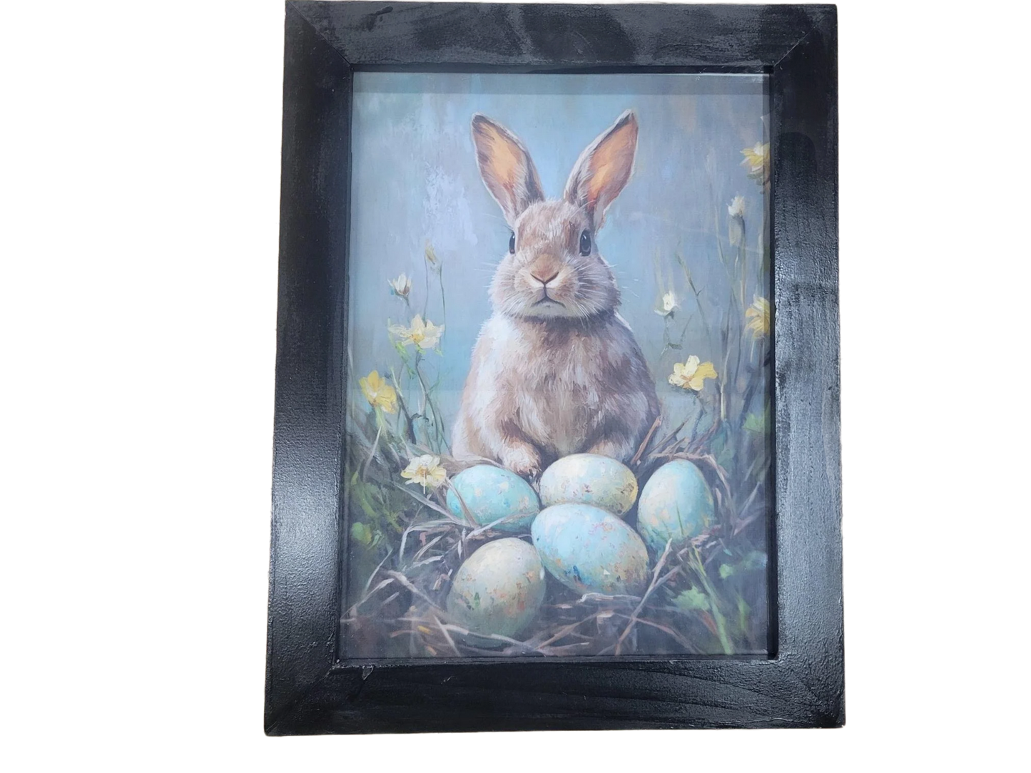 Easter Bunny Wall Art – Framed Rabbit with Blue Eggs, Spring Farmhouse Decor Print
