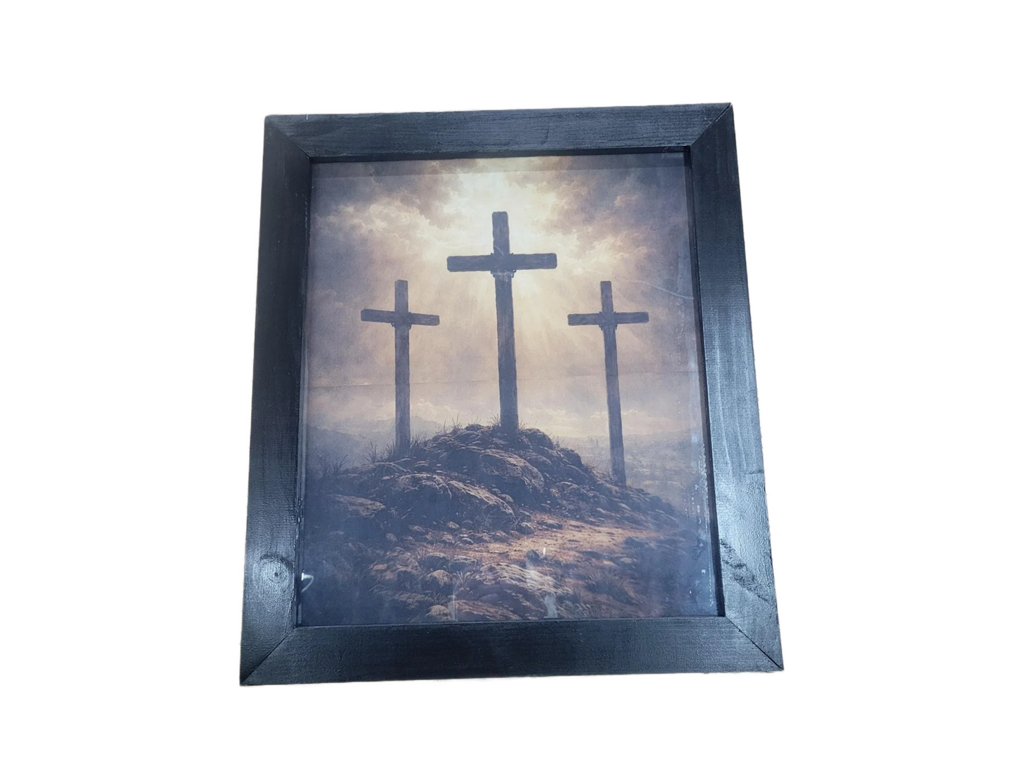 Three Crosses Wall Art – Framed Christian Decor, Golgotha Crosses Print, Religious Home Wall Decor