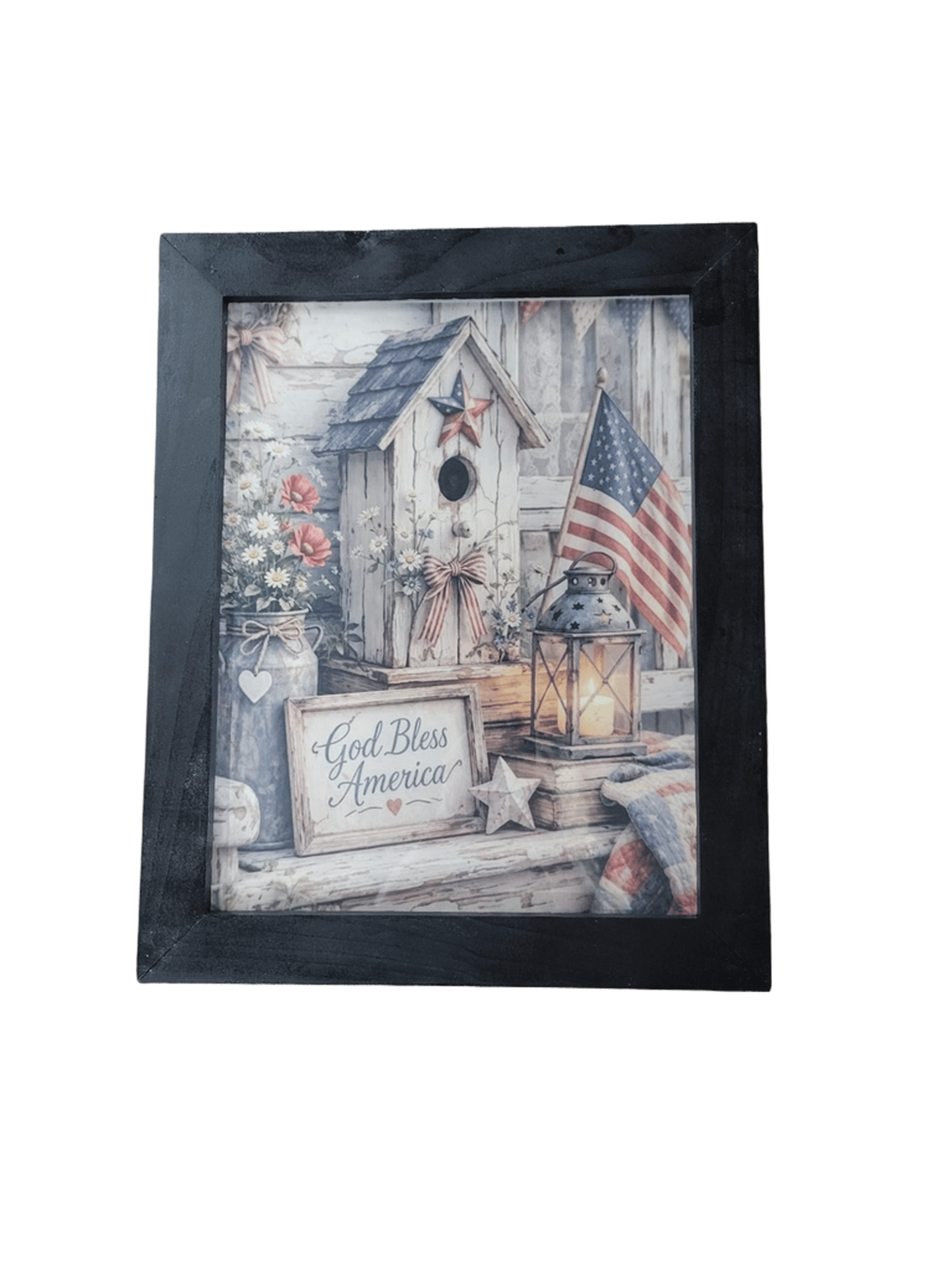 Rustic Americana Birdhouse Framed Art Print | 11x14 Patriotic Home Decor | God Bless America Sign