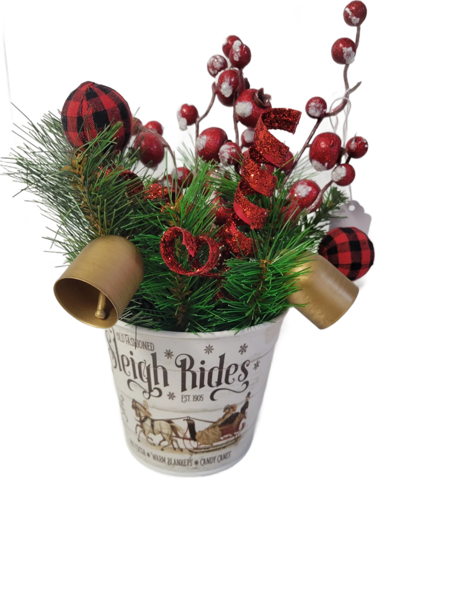 Rustic Christmas Sleigh Rides Arrangement – Holiday Table Decor with Bells, Buffalo Plaid & Red Berries – Farmhouse Winter Centerpiece