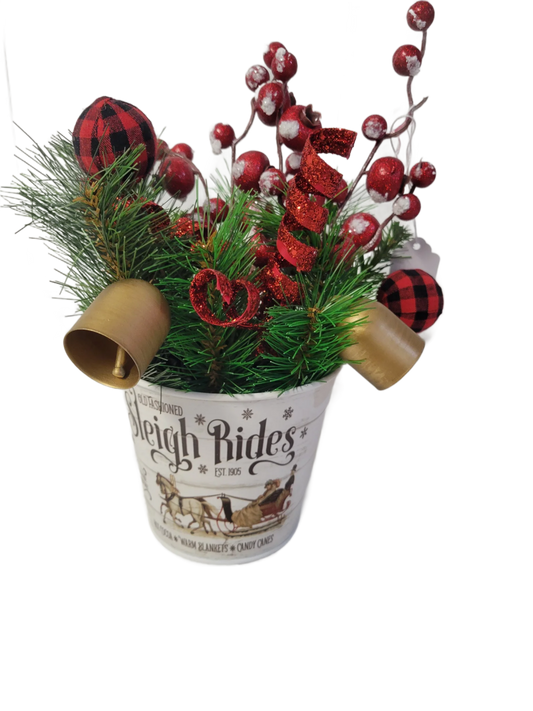 Rustic Christmas Sleigh Rides Arrangement – Holiday Table Decor with Bells, Buffalo Plaid & Red Berries – Farmhouse Winter Centerpiece
