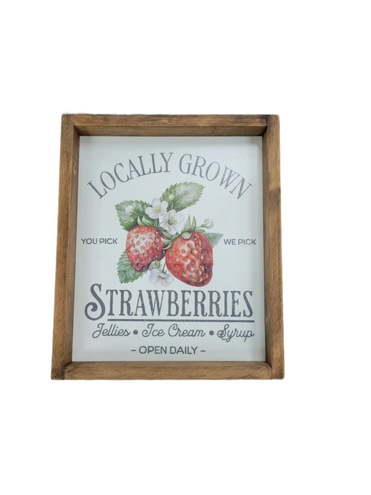 Locally Grown Strawberries Farmhouse Wall Sign | Rustic Strawberry Kitchen Decor