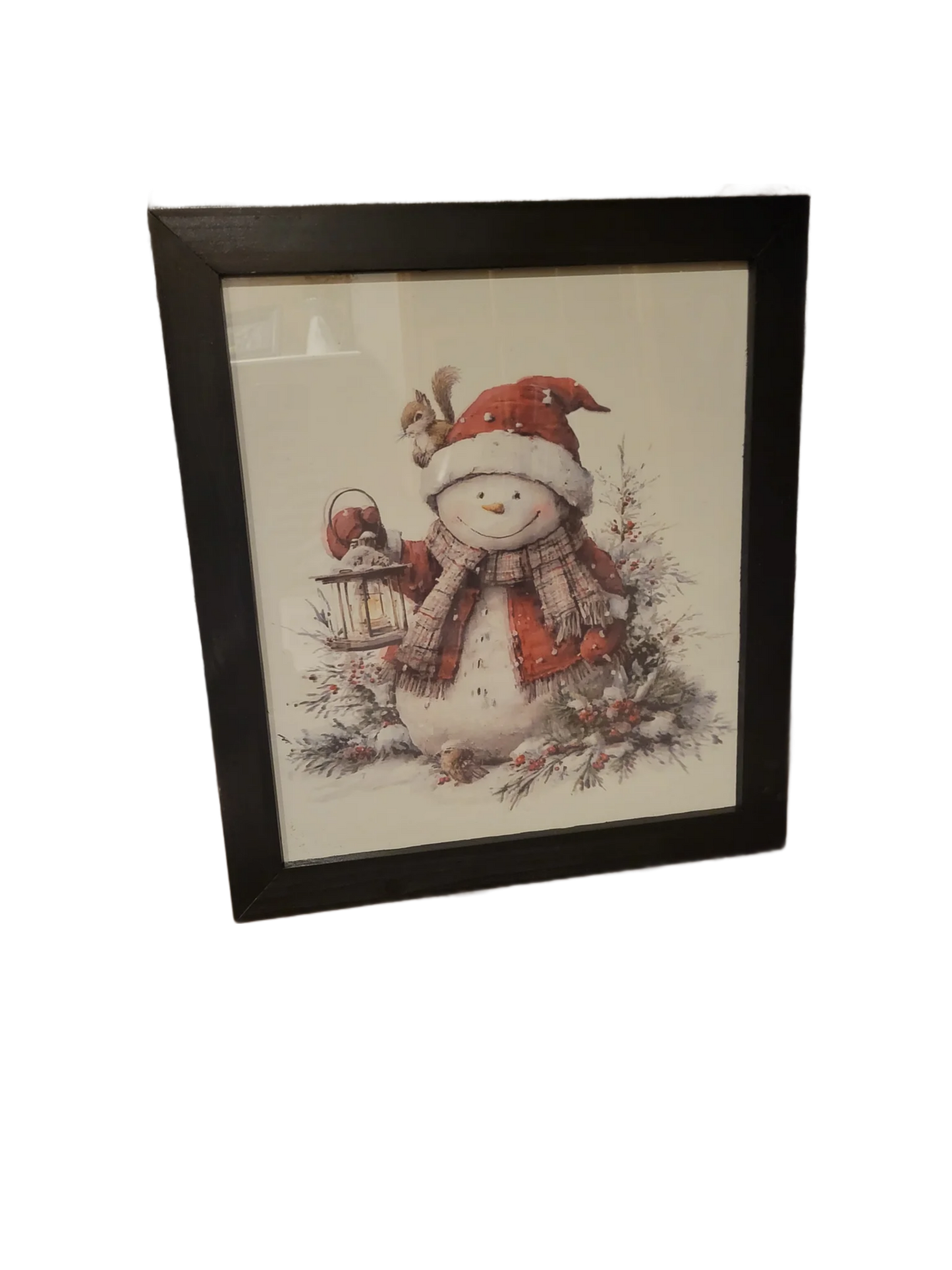 Rustic Snowman Christmas Wall Art – Winter Framed Print with Lantern & Cardinal – Farmhouse Holiday Decor