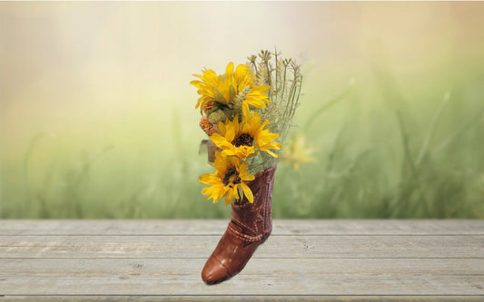 Rustic Sunflower Cowboy Boot Art – Western Country Floral Decor – Sunflower Bouquet in Leather Boot  – Southern Charm Farmhouse  – Cowboy Boot Vase