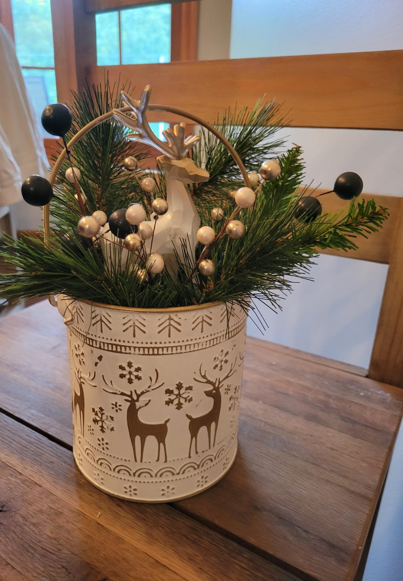 White and Gold Deer Christmas Decor – Holiday Centerpiece with Pine and Berries