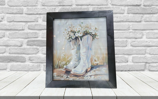 Framed White Cowboy Boots Floral Wall Art – Rustic Farmhouse Western Decor, Country Cottage Home Accent