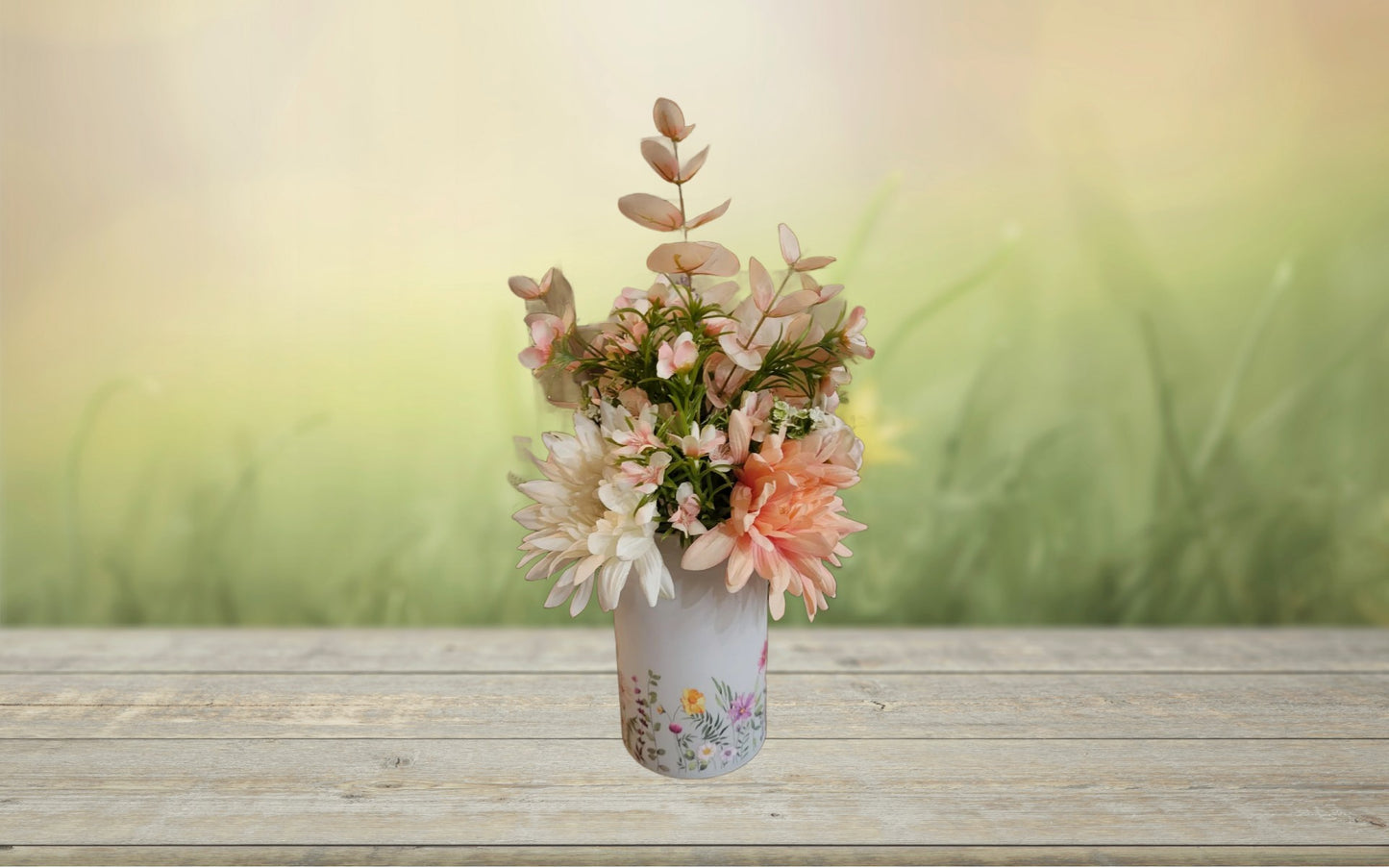 White Floral Vase with Peach & Pink Faux Flowers – Decorative Tabletop Flower Arrangement